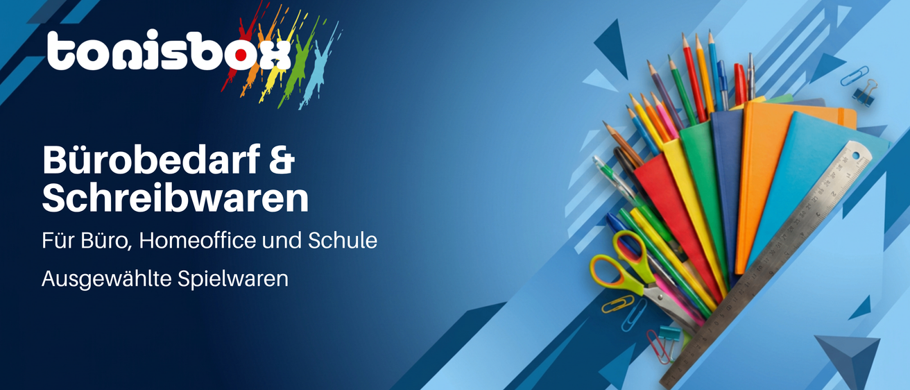 Ein blauer Hintergrund mit bunten Schulmaterialien wie Scheren, Bleistiften und Markern. Der Text lautet 'Büro & Schule'.