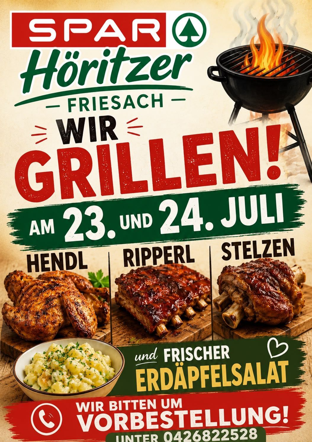A poster advertising a barbecue event on July 23rd and 24th featuring grilled chicken, ribs, and stelzen with a bowl of potato salad.