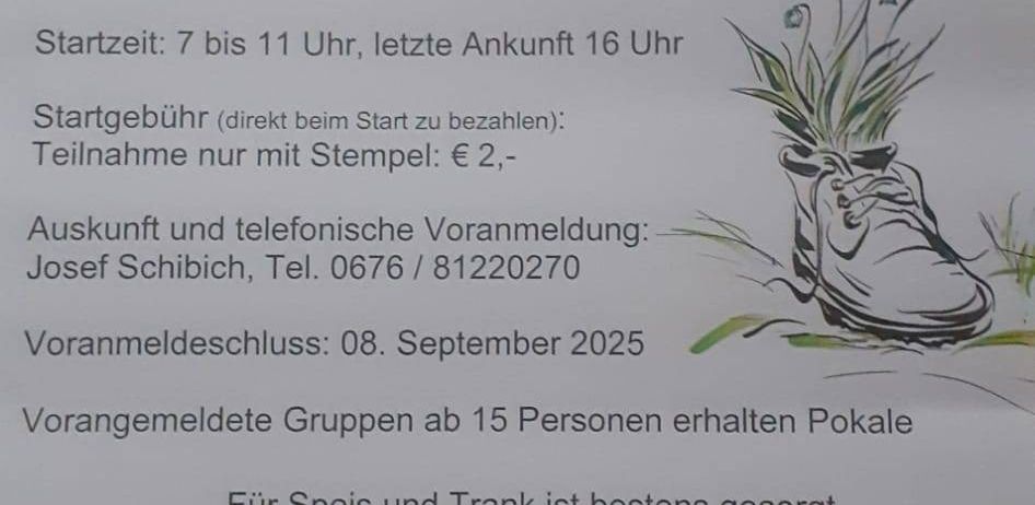 Poster für eine Veranstaltung am 14. September 2025. Es zeigt eine Strecke von etwa 14 Kilometern, die am FF-Haus Stössing startet und endet. Die Anmeldung ist bis zum 8. September 2025 erforderlich. Die Anmeldegebühr beträgt 2 Euro. Essen und Getränke werden empfohlen. Die Veranstaltung findet unabhängig vom Wetter statt.