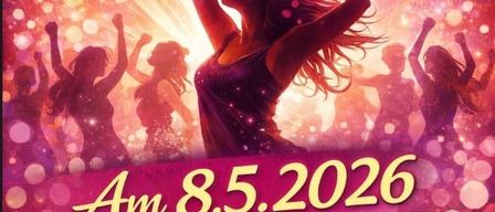 Plakat für einen Frauenabend. Es zeigt eine Frau mit erhobenen Armen tanzen. Das Datum ist der 8. Mai 2026. Der Eintritt ist um 19:00 Uhr und die Veranstaltung beginnt um 20:00 Uhr.