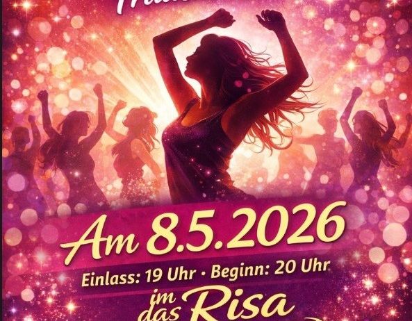Plakat für einen Frauenabend. Es zeigt eine Frau mit erhobenen Armen tanzen. Das Datum ist der 8. Mai 2026. Der Eintritt ist um 19:00 Uhr und die Veranstaltung beginnt um 20:00 Uhr.