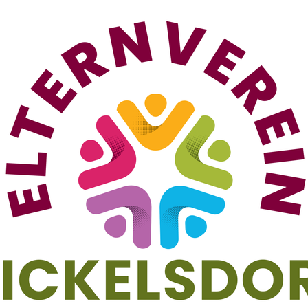 Das Logo des 'Elternverein Nickelsdorf' zeigt leuchtende Farben und stilisierte Figuren, die einen Kreis bilden und Einheit und Gemeinschaft symbolisieren.