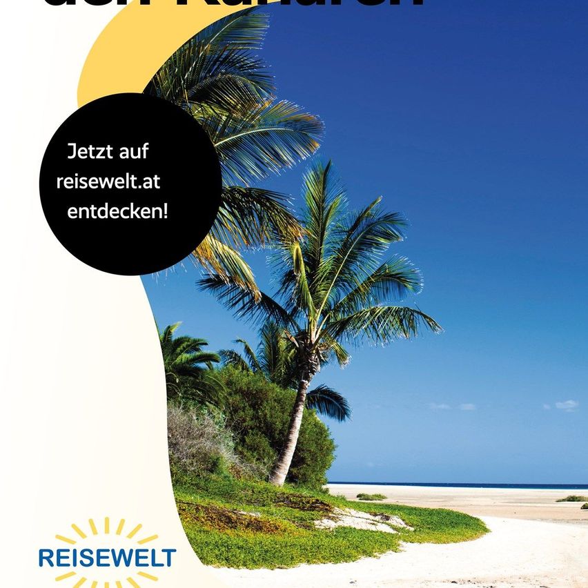 Ein tropischer Strand mit weißem Sand und klarem blauem Wasser. Es gibt Palmen und ein Logo einer Reisewebsite auf der linken Seite. Der Name der Website ist Reisewelt.at.