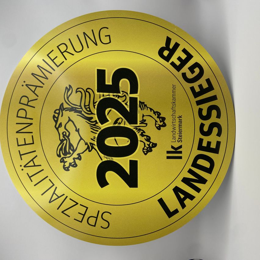 Ein goldenes kreisförmiges Emblem zeigt '2023' mit einem Pferdelogo. Um das Emblem herum steht 'IHK STEIERMARK' und 'LANDESGEWERKSKAMMER'. Der Hintergrund ist weiß.