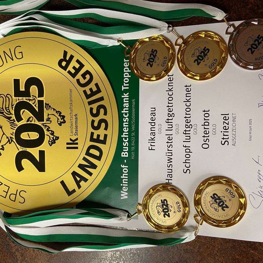 Eine goldene Medaille für 'Schoppurfluftgerocket' im Jahr 2023, zusammen mit anderen Medaillen und einem Zertifikat auf einem grünen und weißen Band.