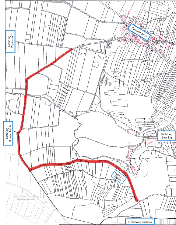 Eine Karte, die eine rote Linie zeigt, die eine Route durch verschiedene Orte wie Zoetelfdorf, Etermannsdorf, Burgschleinitz und Grenzweg Limberga angibt.