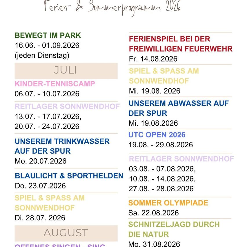 Veranstaltungsprogramm für den Sommer 2026. Beinhaltet Aktivitäten wie 'Bewegt im Park' vom 16. Juni bis 1. September und 'Ferienspiel bei der Freiwilligen Feuerwehr' ab 14. August. Tenniscamp vom 6. bis 10. Juli.