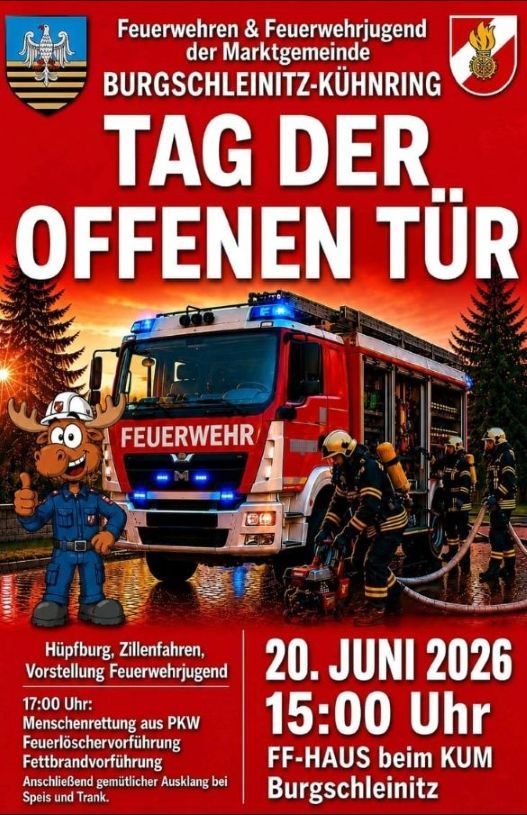 Plakat für den Tag der offenen Tür bei der Feuerwehr. Zeigt einen Feuerwehrmann-Mascot, ein Feuerwehrauto und ein Team von Feuerwehrleuten. Veranstaltungsdetails beinhalten Datum, Zeit und Aktivitäten.