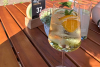 Ein Cocktail mit Eis und Garnierung steht auf einem Tisch, mit einer Pflanze und einer Tischnummer 37 im Hintergrund.