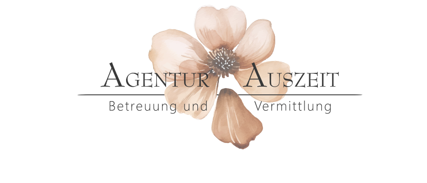 Ein Blumenlogo mit dem Text 'AGENTOUR AUSZEIT'. Darunter steht 'Beregung und Vermittlung'. Das Logo ist in einem sanften Braunton gehalten.