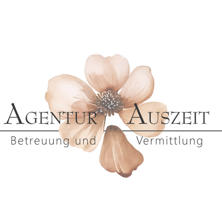 Ein Logo mit einer stilisierten Blume und den Worten 'AGENTUR AUSZEIT' darüber und 'Betreuung und Vermittlung' darunter.