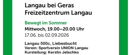 Flyer für ein kostenloses Sommerbewegungsprogramm bei Langau Freizeitzentrum Geras, von Juni bis September 2026. Teilnahme freiwillig und auf eigene Gefahr. Keine Kurse an Feiertagen. Mehr Infos unter www.bewegt-im-park.at.