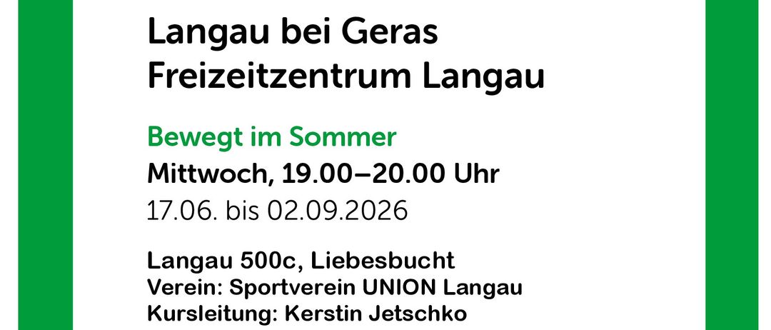 Flyer für ein kostenloses Sommerbewegungsprogramm bei Langau Freizeitzentrum Geras, von Juni bis September 2026. Teilnahme freiwillig und auf eigene Gefahr. Keine Kurse an Feiertagen. Mehr Infos unter www.bewegt-im-park.at.
