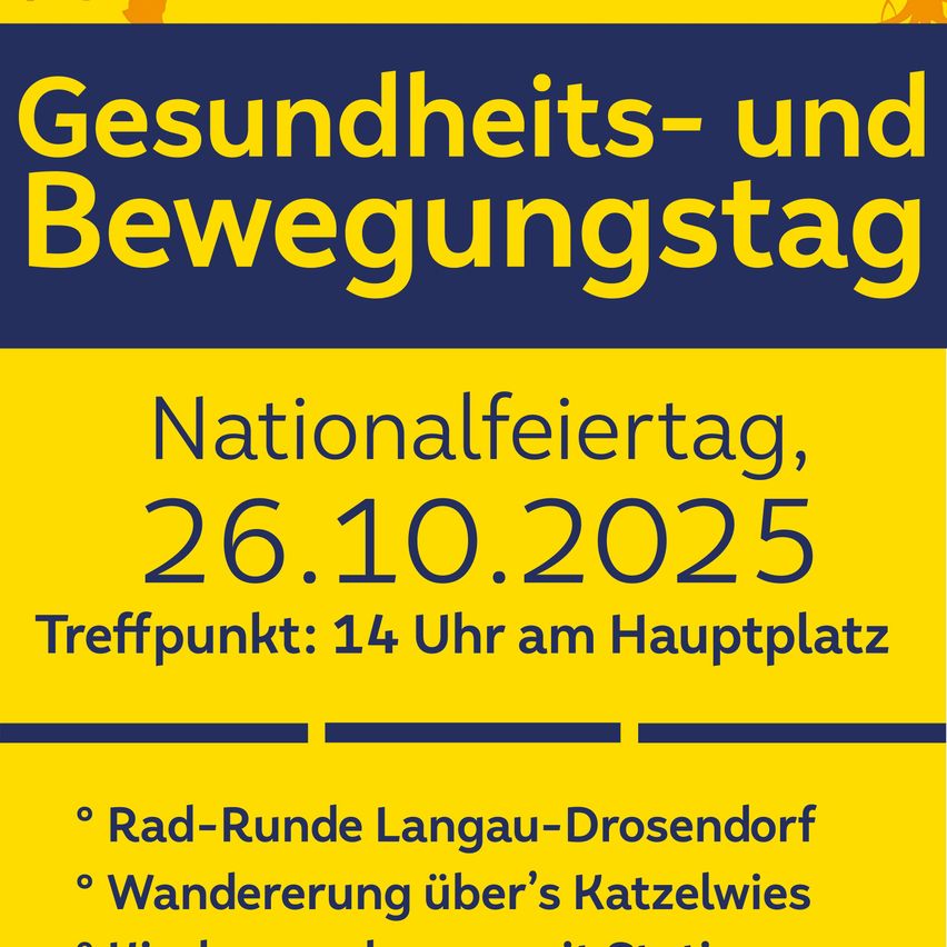 Plakat für einen Gesundheits- und Bewegungstag am 26.10.2025 mit Aktivitäten wie Fahrradtour und Spaziergang auf dem Katzenwiese. Treffpunkt um 14 Uhr am Hauptplatz.