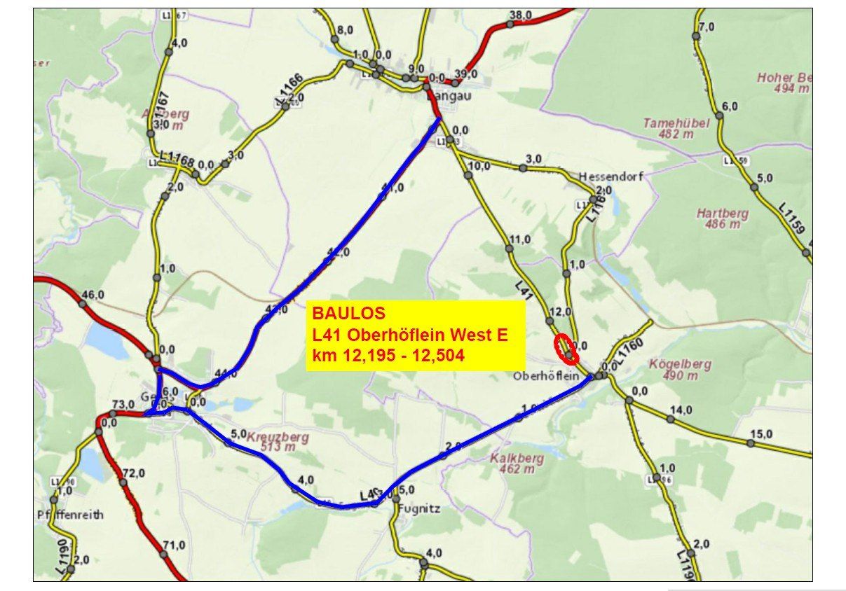 Eine Straßenkarte, die die Route von BAULOS L41 Oberhoflein West E von km 12,195 bis 12,504 zeigt. Höhenmarkierungen und Orientierungspunkte sind sichtbar.