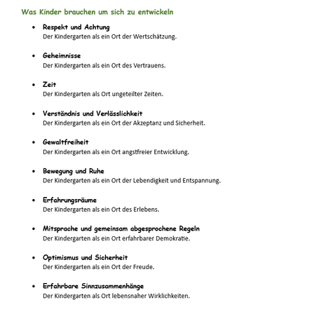 Das Bild präsentiert eine Liste dessen, was Kinder für ihre Entwicklung benötigen, einschließlich Respekt, Geheimnisse, Zeit, Verständnis, Sicherheit, Freiheit, Bewegung, Erfahrungsräume, Sprache, Regeln, Optimismus, Sicherheit und angenehme Beziehungen.