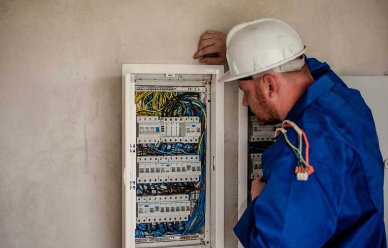 A man in a blue jumpsuit and white hard hat is fixing a wiring box on the wall.