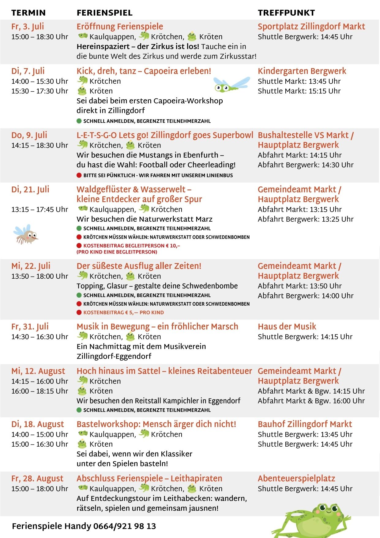 Zeitplan umfasst Workshops, Besuche und Veranstaltungen im Juli und August. Termine, Zeiten und Aktivitäten variieren. Anmeldung erforderlich für einige Veranstaltungen.