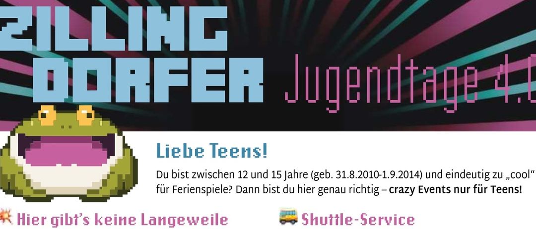Veranstaltungsplan für Teenager mit Terminen, Aktivitäten und Treffpunkten. Von Lasertag bis Cheerleading-Workshops. Kostenloser Shuttle-Service zu den Veranstaltungsorten.