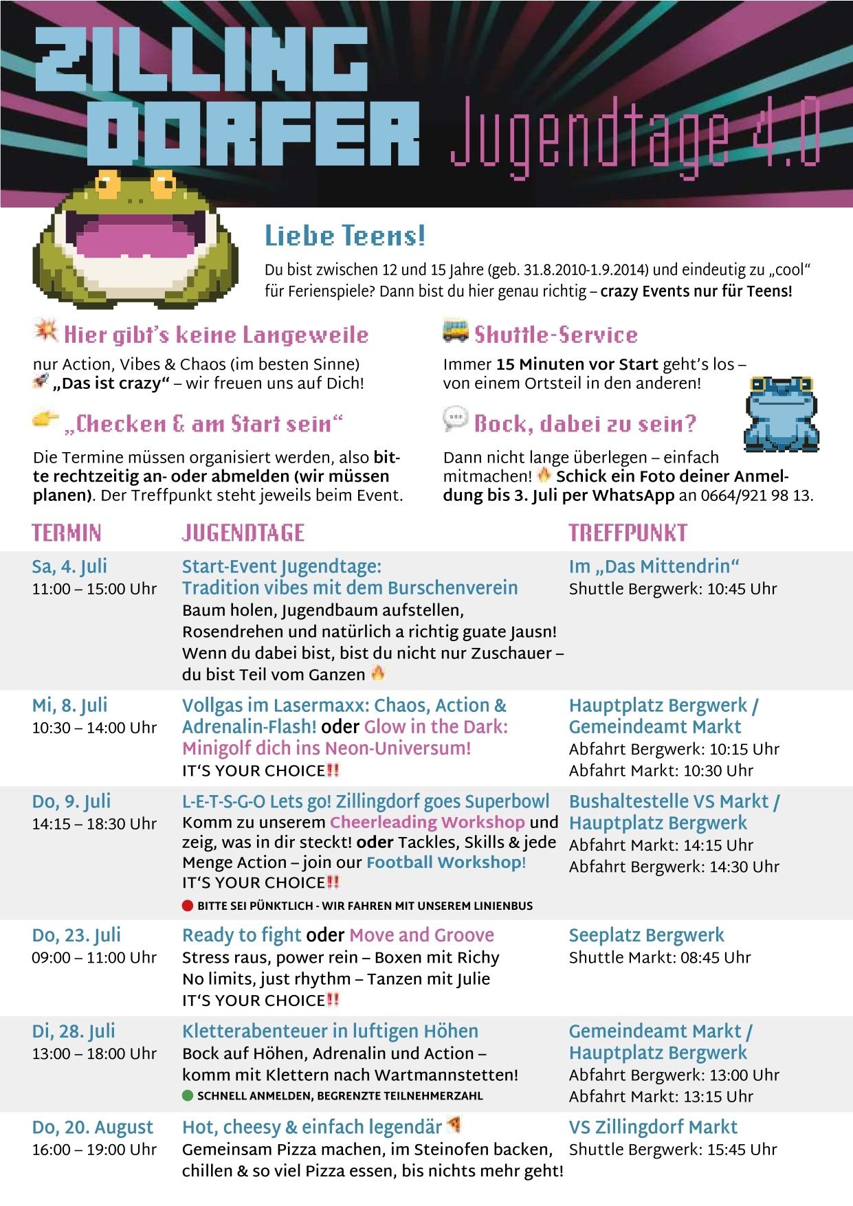 Veranstaltungsposter für Teens mit Aktivitäten wie Lasertag und Cheerleading-Workshops. Shuttle-Service verfügbar. Events an verschiedenen Orten und Zeiten.