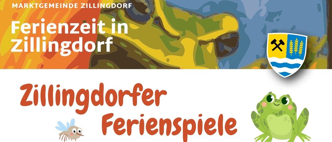 Ein Grafik, die Zillingdorfer Ferienspiele bewirbt, mit einem Fußball, einem Beach-Volleyball und verschiedenen bunten Charakteren. Der obere Abschnitt hat 'ZILLINGDORFER FERIENSPIELE' und der untere 'FUSSBALLCAMP' mit einem Fußball.