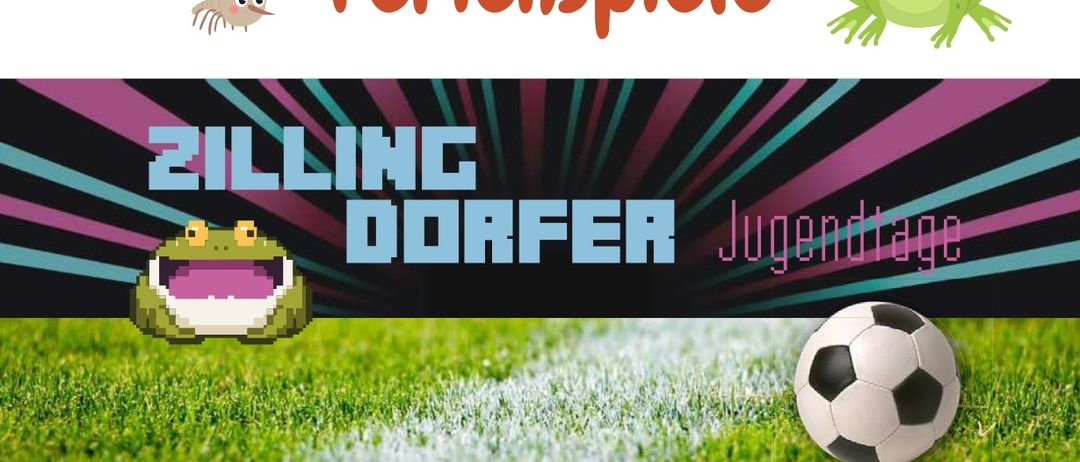 Eine Werbung für Zillingdorfer Ferienspiele mit Cartoon-Fröschen, einem Fußball und einem Volleyball. Es hebt Fußball- und Beachvolleyballcamps hervor.