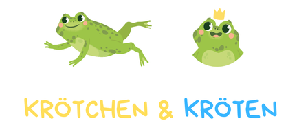 Zwei Frösche sind abgebildet. Ein Frosch springt und der andere trägt eine Krone. Der Text lautet 'Otchen & Krote'.