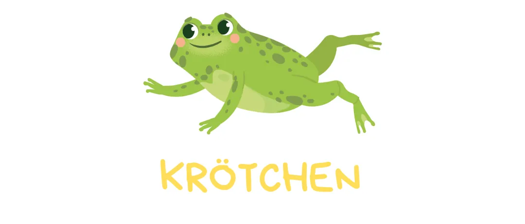 Illustration eines grünen Frosches mit großen Augen und einem lächelnden Gesicht. Der Frosch ist mitten im Sprung und scheint auf das Wort 'KROCHEN' in gelber Schrift darunter zu springen.
