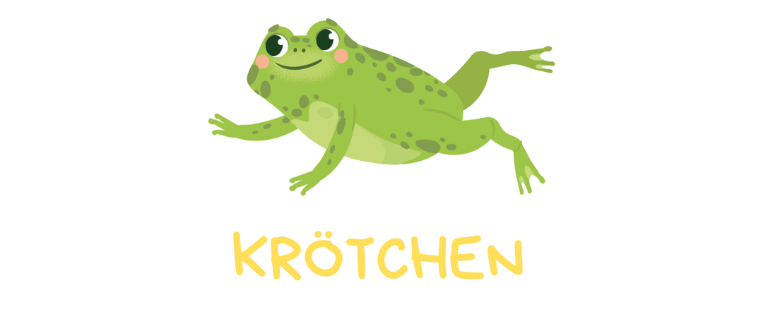 Illustration eines grünen Frosches mit großen Augen und einem lächelnden Gesicht. Der Frosch ist mitten im Sprung und scheint auf das Wort 'KROCHEN' in gelber Schrift darunter zu springen.