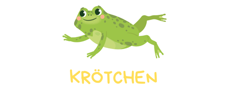 Illustration eines grünen Frosches mit großen Augen und einem lächelnden Gesicht. Der Frosch ist mitten im Sprung und scheint auf das Wort 'KROCHEN' in gelber Schrift darunter zu springen.