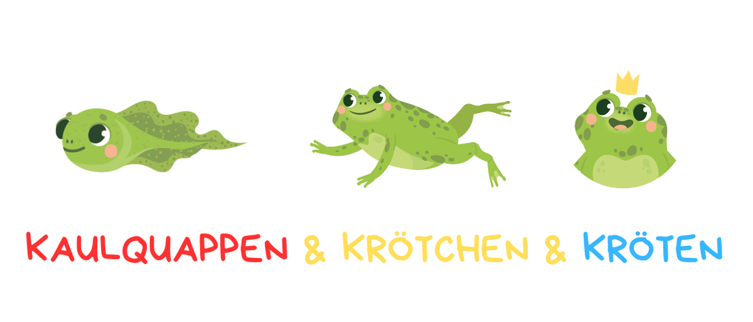 Ein Bild von drei Fröschen mit den Worten Quappen, Kröten und Kids. Der erste Frosch springt, der zweite liegt und der dritte sitzt auf einem Blatt. Der Text ist in verschiedenen Farben.