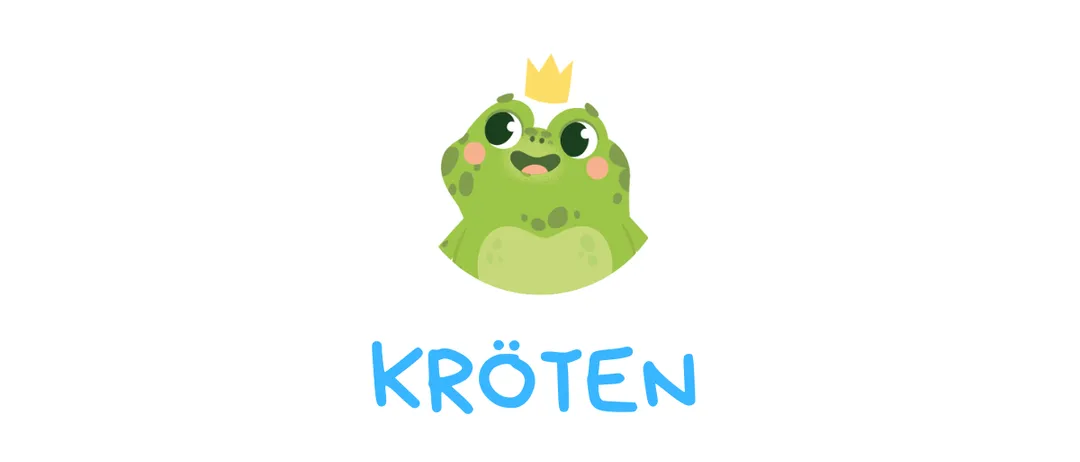 Ein Frosch mit einer Krone auf dem Kopf, das Wort 'KRÖTEN' darunter in Blau geschrieben.