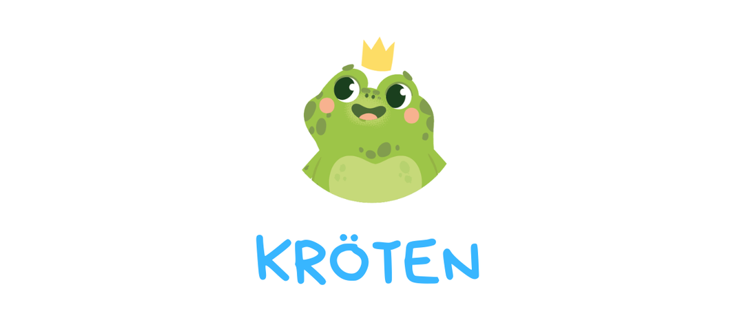 Ein Frosch mit einer Krone auf dem Kopf, das Wort 'KRÖTEN' darunter in Blau geschrieben.