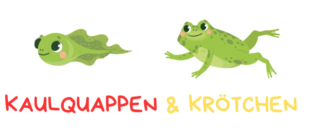 Zwei grüne Frösche mit großen Augen und lächelnden Gesichtern, einer liegt und einer springt. Das Wort 'QUAPPEN' steht in Rot und 'KROTEN' in Gelb.