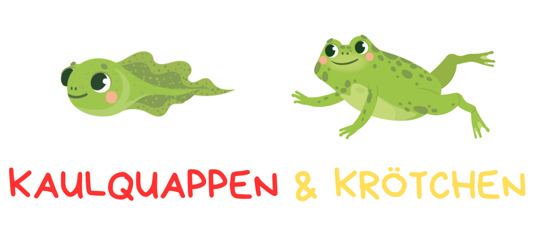 Zwei grüne Frösche mit großen Augen und lächelnden Gesichtern, einer liegt und einer springt. Das Wort 'QUAPPEN' steht in Rot und 'KROTEN' in Gelb.