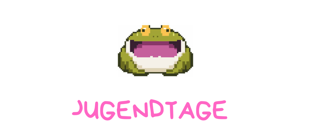 Ein pixeliger Frosch mit offenem Mund, Augen und einer gelben Krone auf dem Kopf. Darunter steht das Wort Jugendtage in Pink.