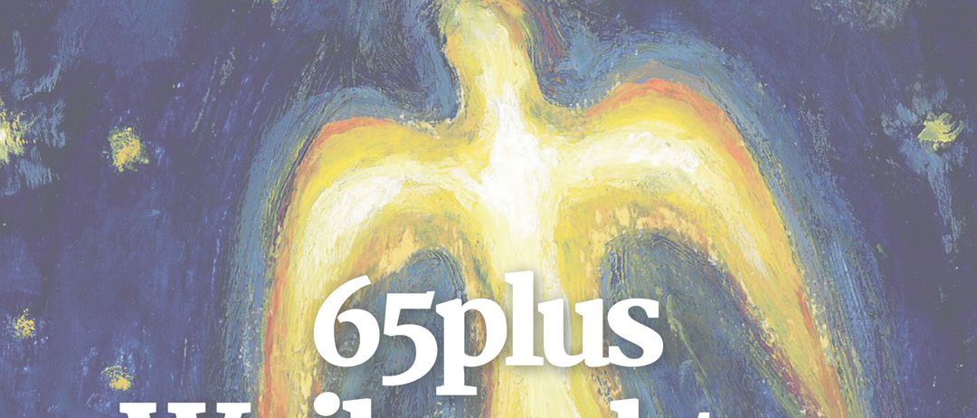 Ein Poster mit einer goldenen Figur und blauem Hintergrund, das ein Weihnachtsfrühstück für Menschen über 65 ankündigt.