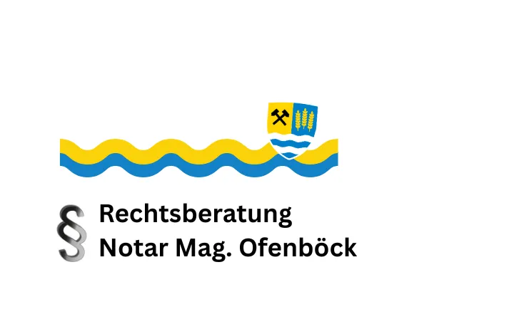 Ein Logo mit einer welligen blau-gelben Linie und einem Wappenschild darüber, begleitet von dem Text 'Rechtsberatung Notar Mag. Ofenböck'.