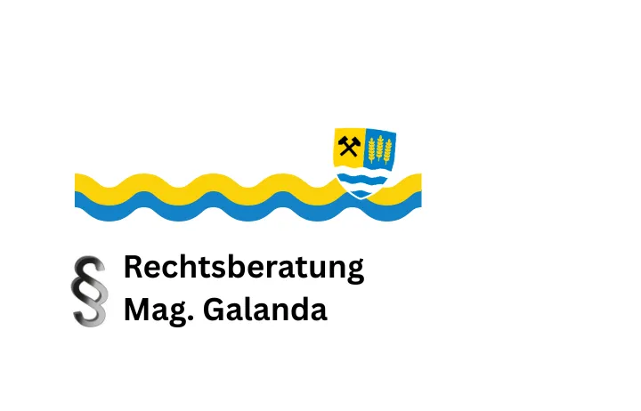 Das Logo zeigt eine wellenförmige Linie in Blau und Gelb, einen Schild mit Hammer und Weizen und den Text 'Rechtsberatung Mag. Galanda'.