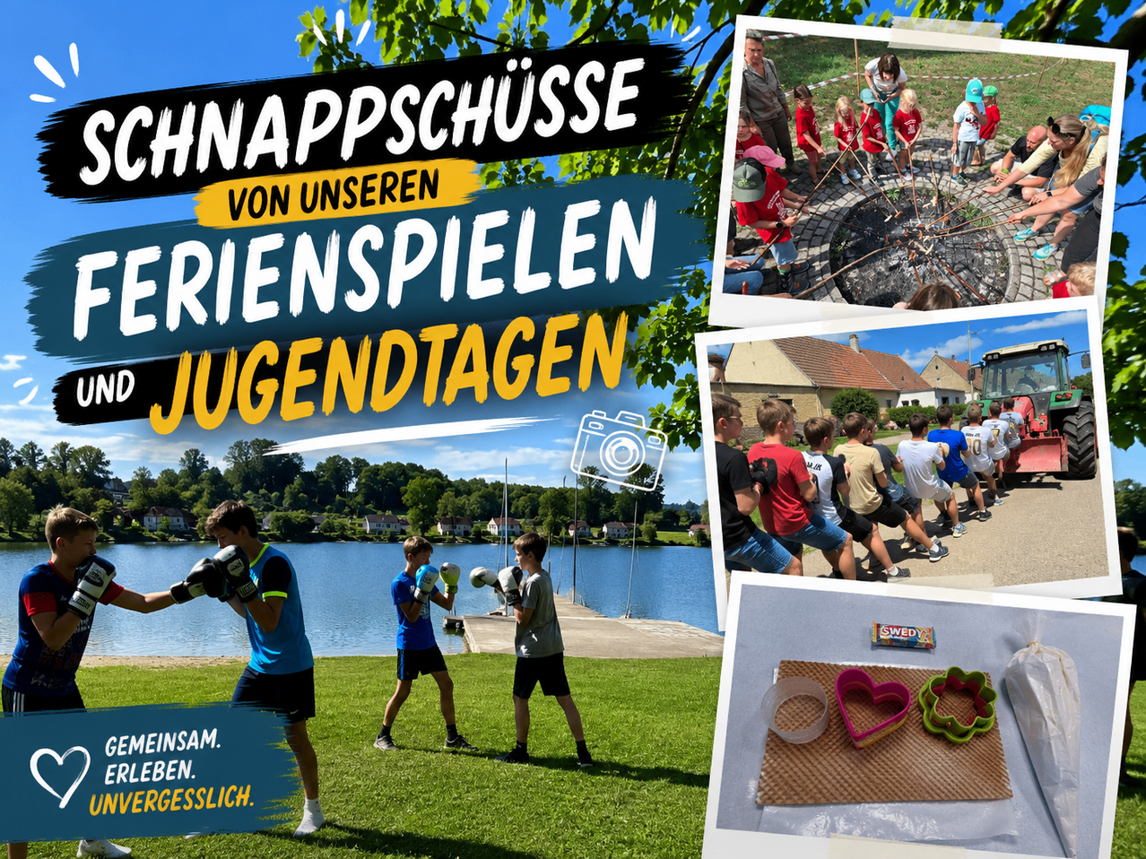 Eine Collage von Bildern, die junge Leute bei verschiedenen Aktivitäten zeigt. Das obere Bild zeigt eine Gruppe um ein Feuer herum, die Mitte zeigt zwei Jungen beim Boxen und unten eine Gruppe von Jungen in einer Reihe. Der Textüberlagerung lautet 'Snappschusse von unseren Jugendtagen'.