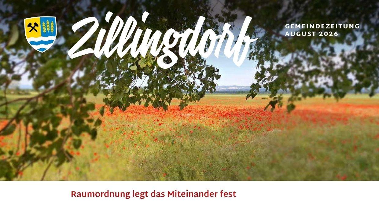 Ein Feld roter Mohnblumen unter einem Baum mit dem Wort Zillingdorf darüber, mit der Bildunterschrift 'Raumordnung legt das Miteinander fest'.
