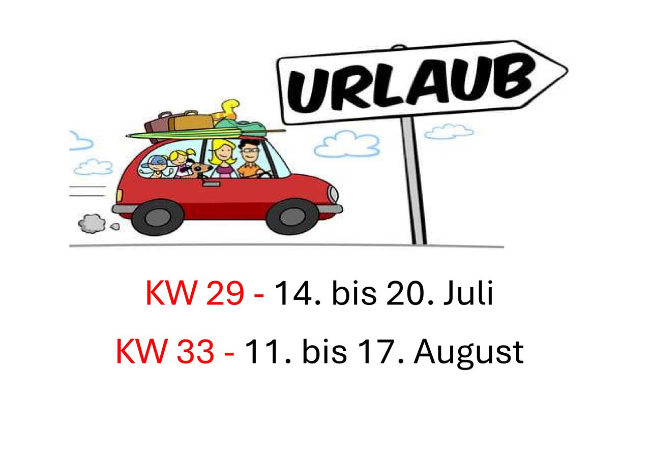 Eine Familie in einem roten Auto mit Gepäck obenauf, neben einem Schild, das Urlaubszeiten vom 14. bis 20. Juli und vom 11. bis 17. August anzeigt.