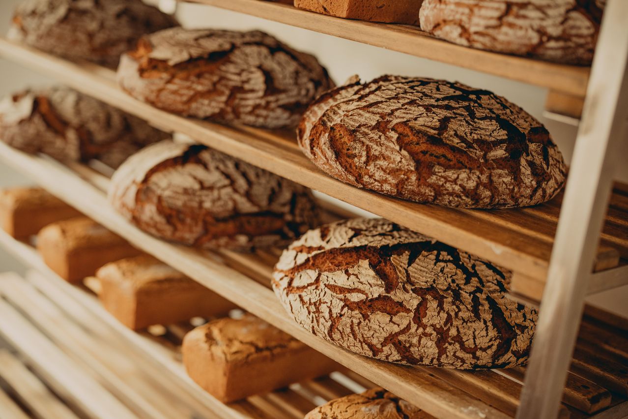 A wooden shelf filled with various types of bread, each with a distinct texture and color, displayed in a bakery.