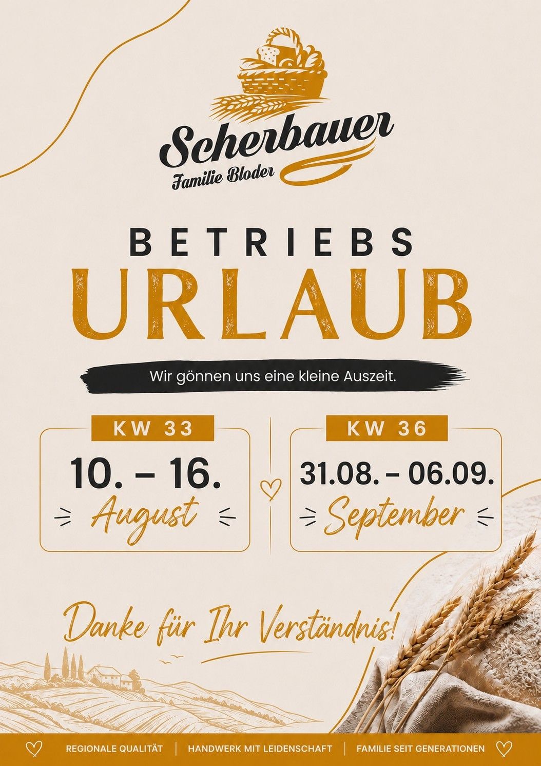 Ein Werbeplakat für den Betriebsurlaub der Scherbauer-Familie Bloden, mit zwei Datumsangaben: 10. bis 16. August und 1. bis 6. September, sowie einem Dankeschön.