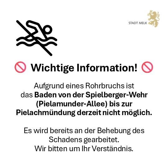 Wichtige Information! Das Baden von der Spielberger-Wehr (Piel amunder-Allee) bis zur Piel achmündung ist derzeit nicht möglich aufgrund eines Rohrbruchs. Es wird bereits an der Behebung des Schadens gearbeitet. Wir bitten um Ihr Verständnis.