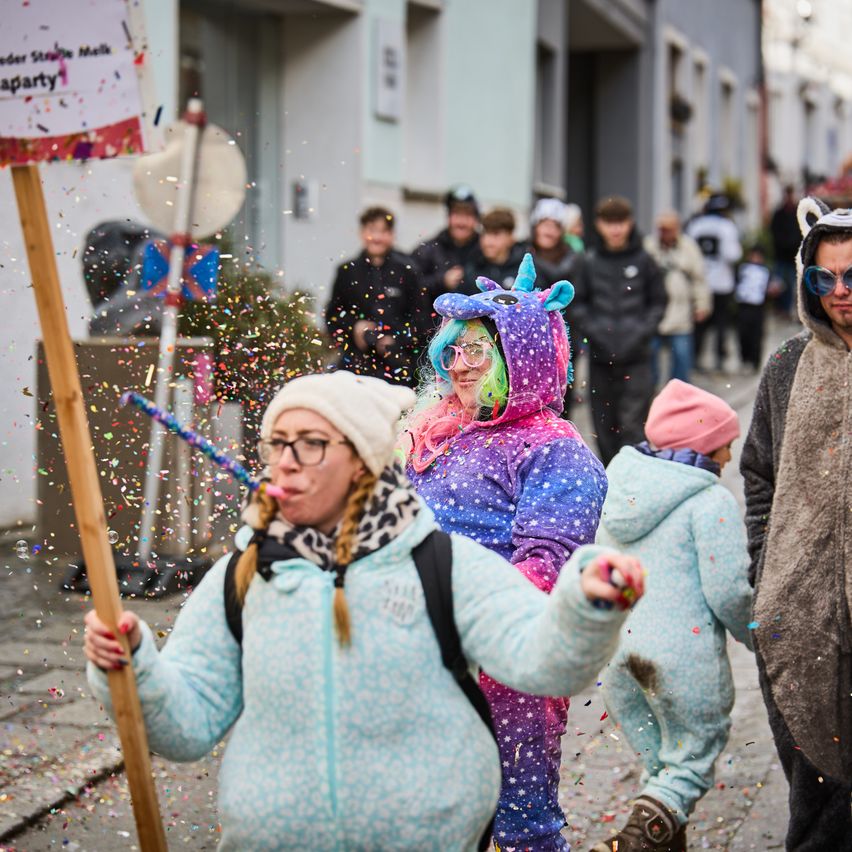 Eine Gruppe von Menschen in bunten Kostümen und Tiermützen geht eine Straße entlang, hält ein Schild hoch und wirft Konfetti. Dahinter laufen weitere Menschen vorbei und schauen zu.