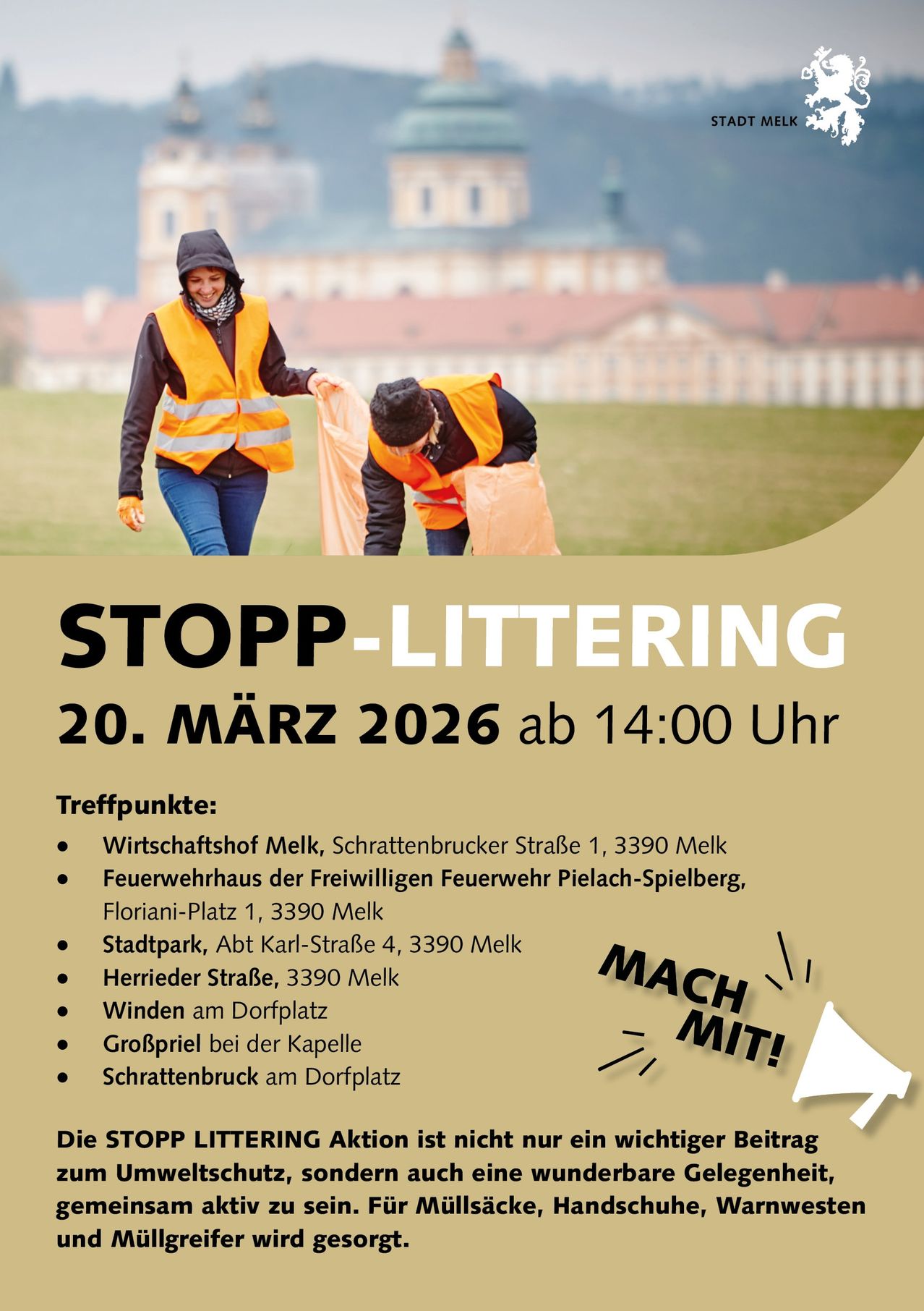 Ein Veranstaltungsposter für eine Müllvermeidung-Aktion am 20. März 2026 um 14:00 Uhr. Die Veranstaltung findet an verschiedenen Orten in Melk, Österreich statt.