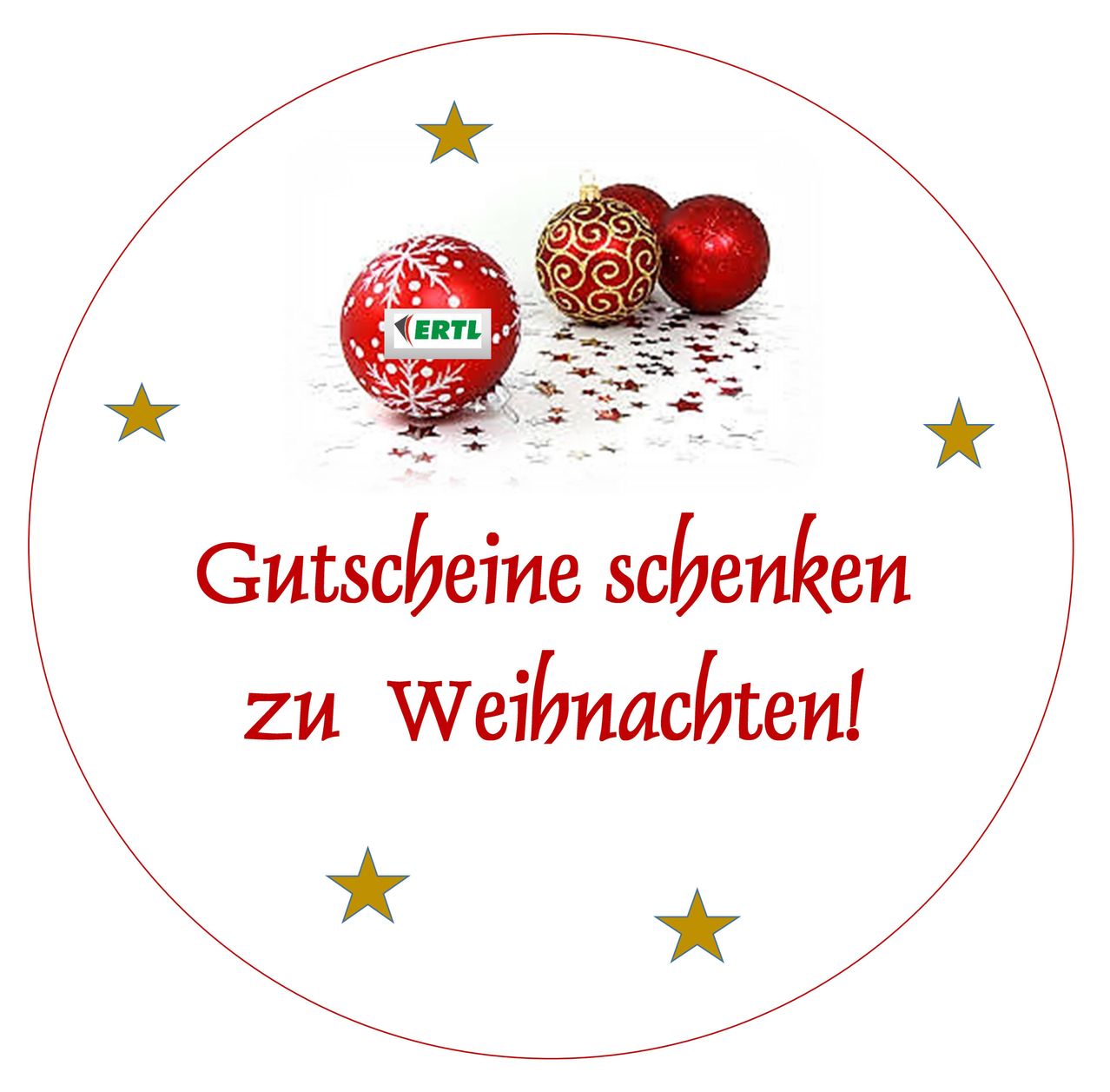 Circular image with three red ornaments and stars, text reads 'Give vouchers for Christmas!' with brand 'ERTL'.