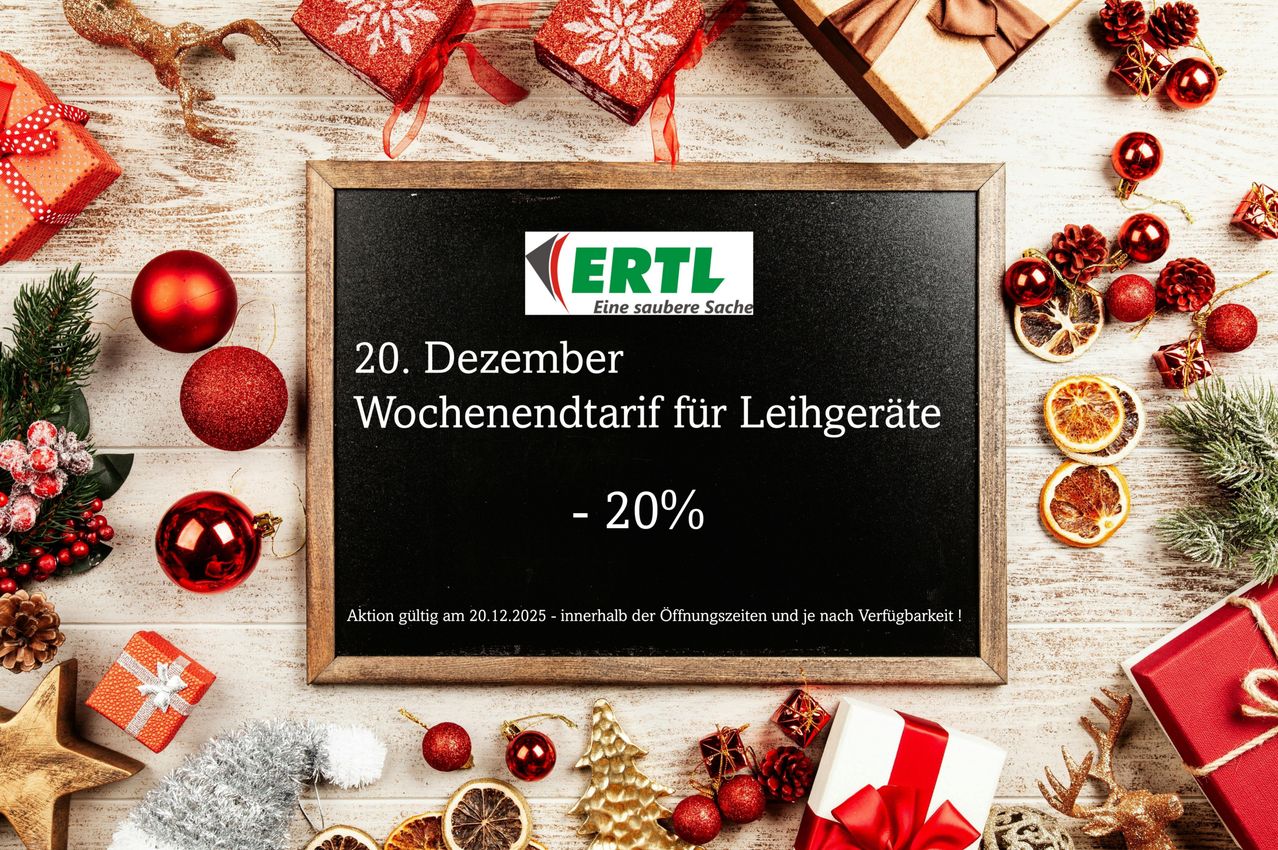 Eine Anzeige für einen Wochenendverkauf am 20. Dezember mit einem Rabatt von 20% auf Kühlgeräte. Der Verkauf gilt bis zum 20.12.2025, je nach Verfügbarkeit.