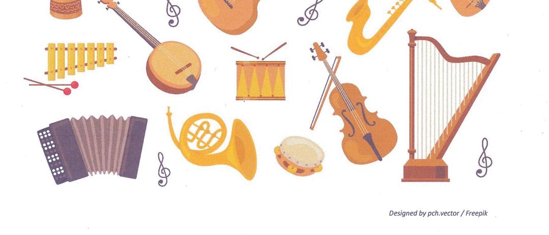 Plakat für eine Gemeinschaftsveranstaltung am 21. März 2026 um 18 Uhr in Dorfla 40. Es zeigt verschiedene Musikinstrumente und die Beteiligung von Musikern des Musikantenstammtischs und der Kirchbacher Saiten-Musi. Entworfen von pch.vector auf Freepik.